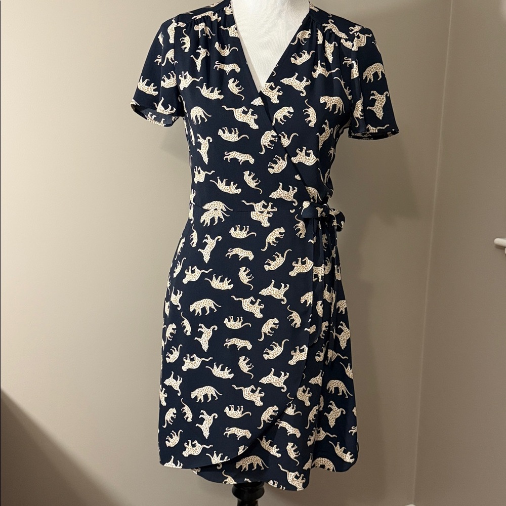 J. Crew Navy Dress with Leopard Print